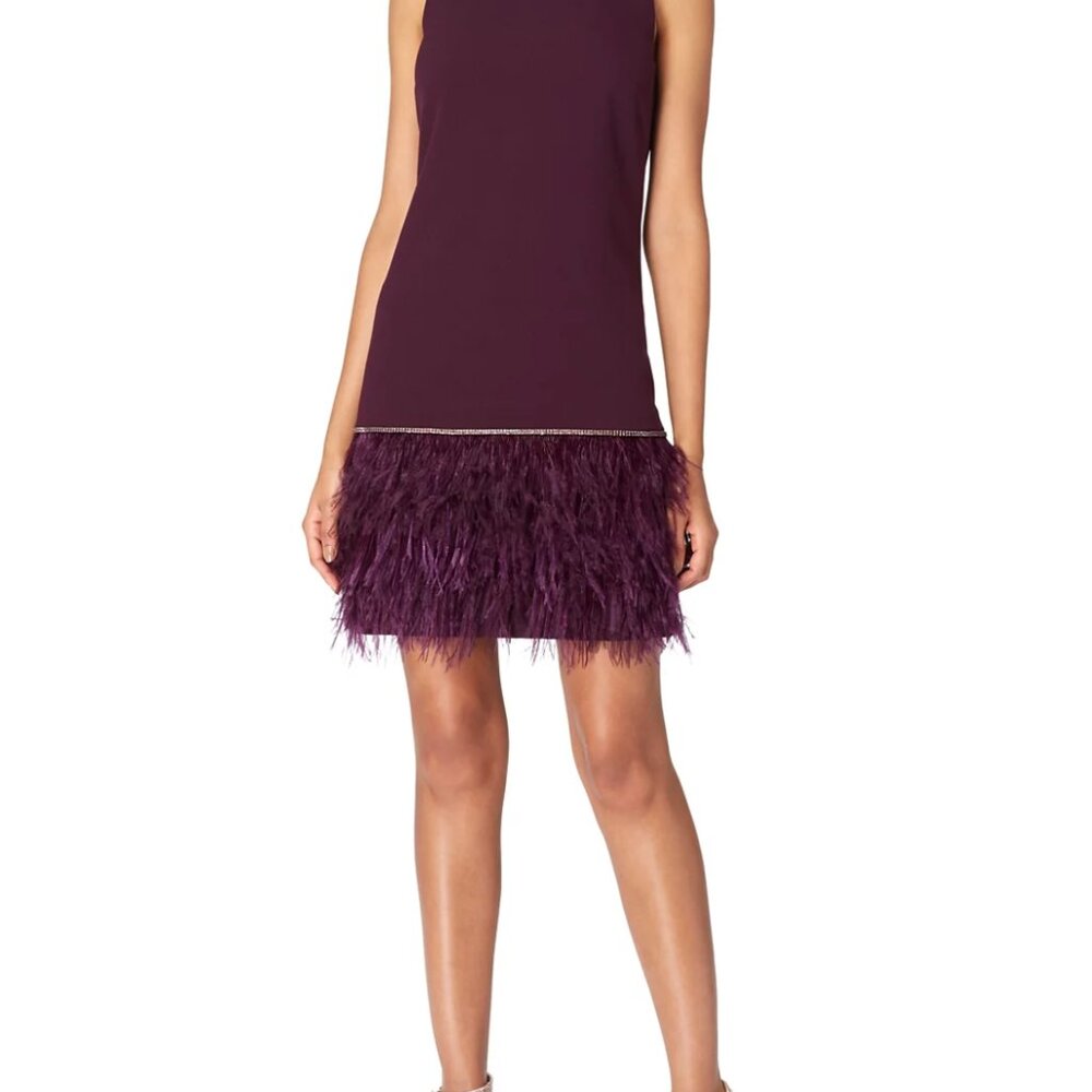 Tahari retro aubergine party dress w/ sparkly trim & faux feathers - size 10